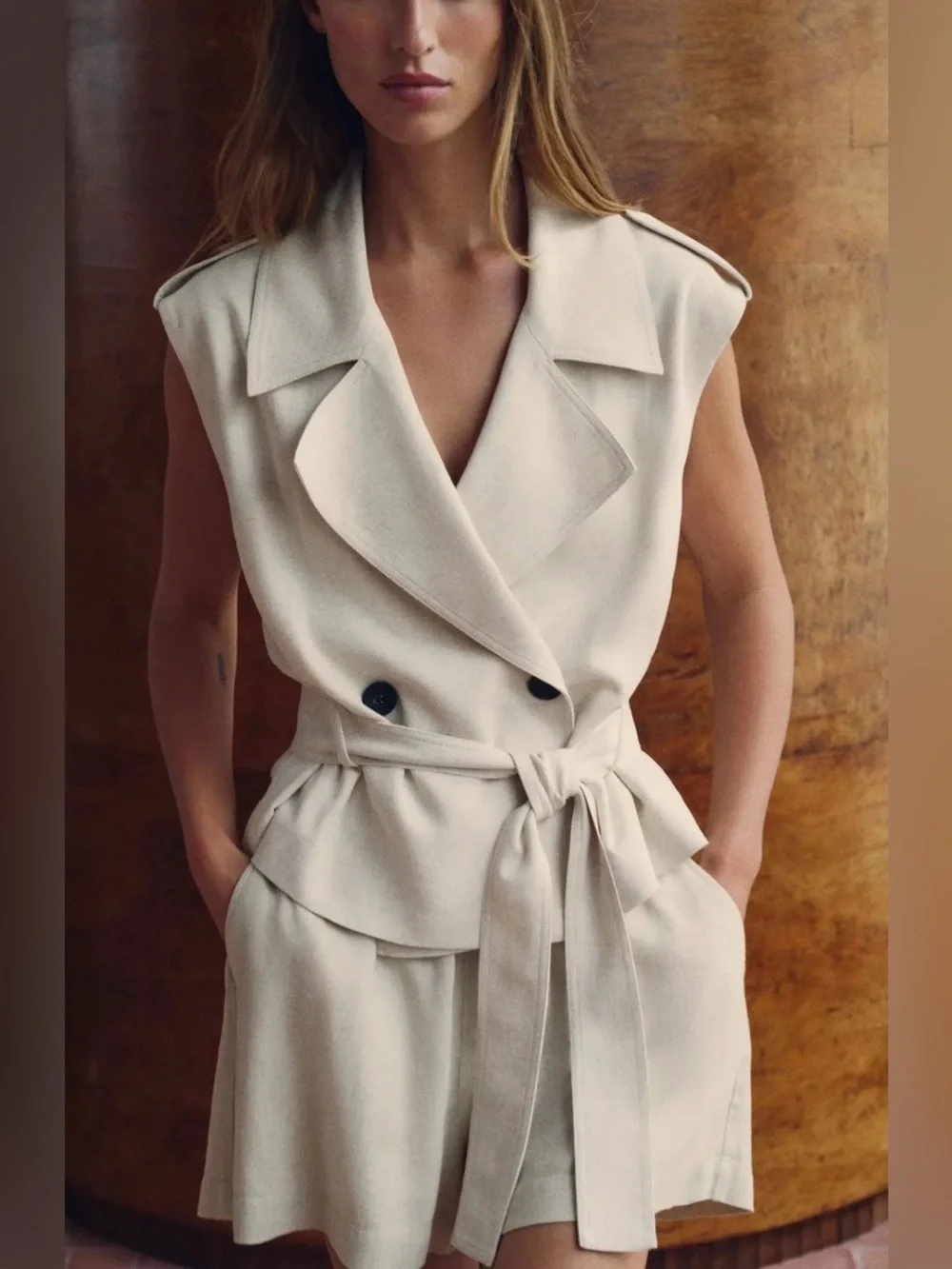 Zara NWT Beige Linen Double Breasted Belted Tailored Vest Quiet Luxury